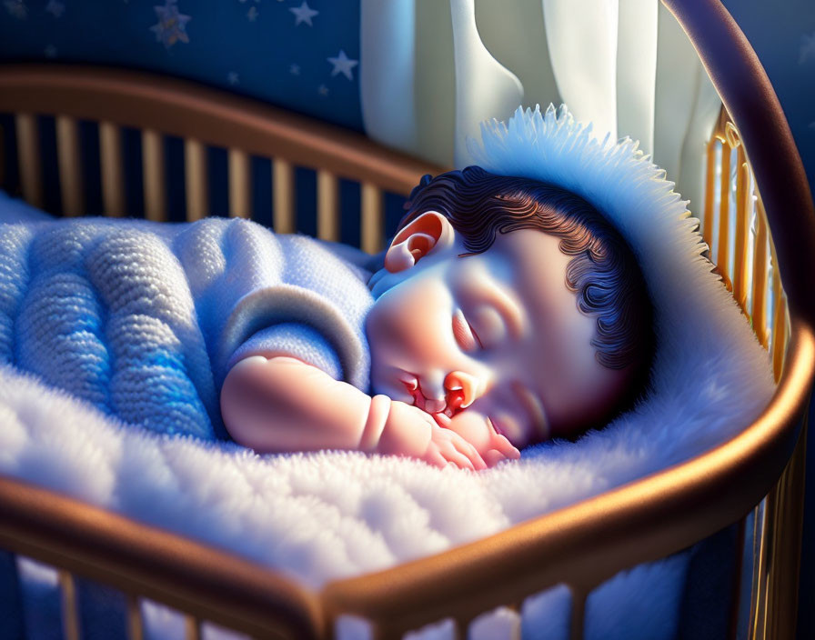 Sleeping baby swaddled in blue blanket in crib with starry night backdrop