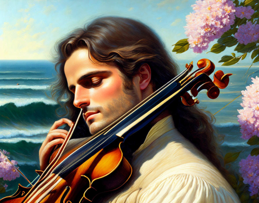 Long-haired man playing violin by the sea with blooming flowers - serene and romantic setting