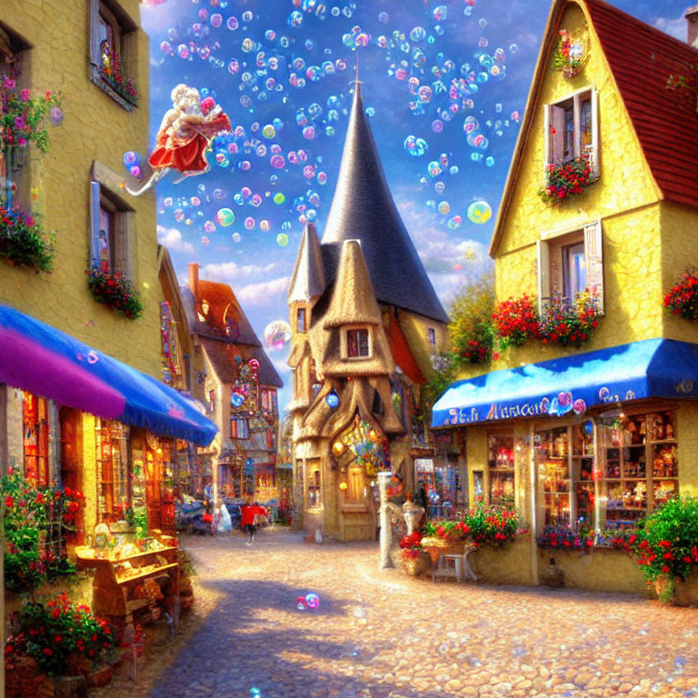 Colorful village street with flowers, bubbles, and Santa flying on sleigh