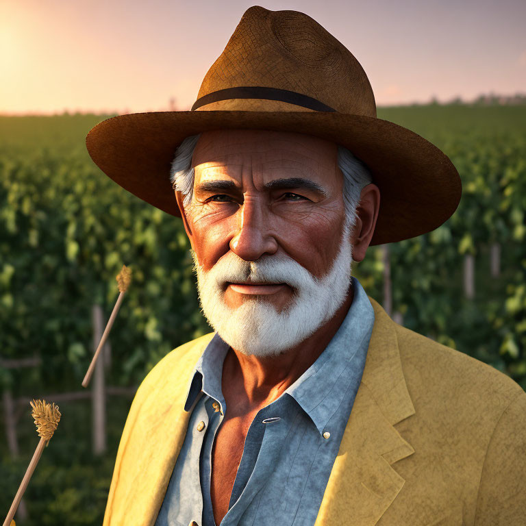 Elderly man with white beard in hat in vineyard at sunset