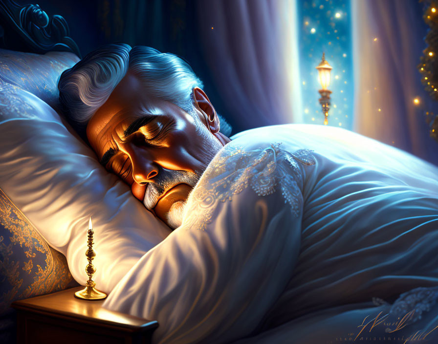 Elderly man peacefully sleeping in warm glow with glowing lantern and ornate bedding