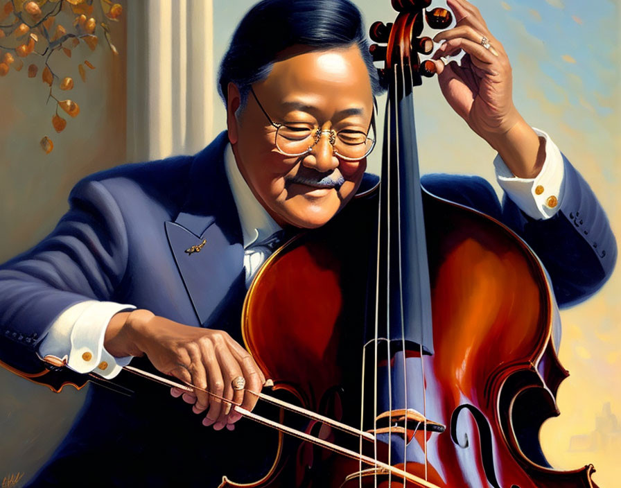 Colorful Realistic Painting of Man Playing Cello