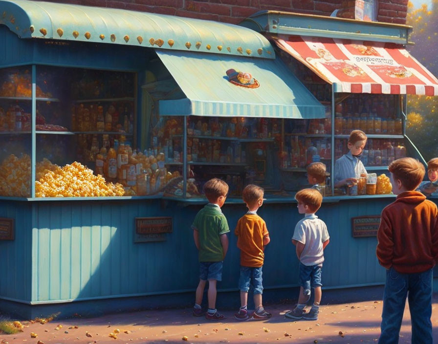 Kids at Popcorn Stand with Blue Canopy and Candy Jars on Sunny Day