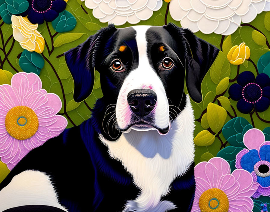 Vibrant illustration of expressive dog with flowers