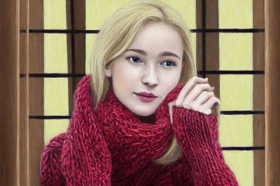 Blonde Woman in Red Scarf Against Yellow-lit Window