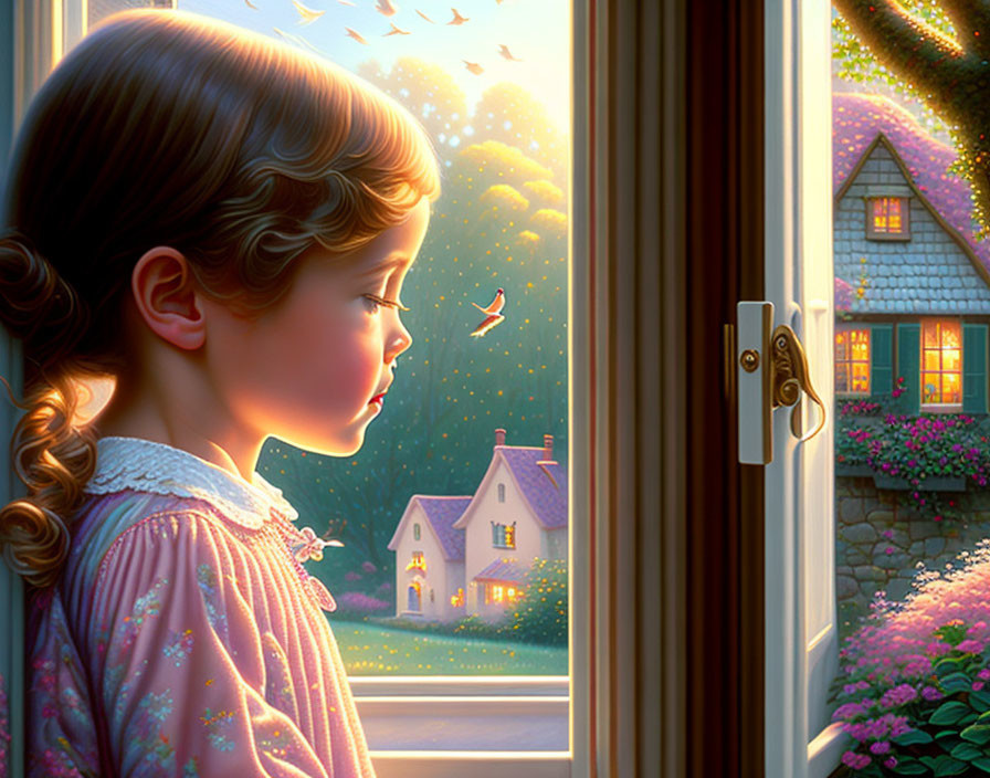 Young girl looking out open window at cozy cottage surrounded by flowers and birds