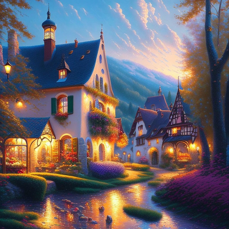 Charming village scene with traditional houses and glowing lights