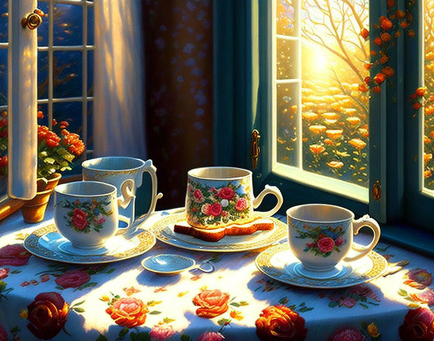 Floral teacups on table with snowy landscape view