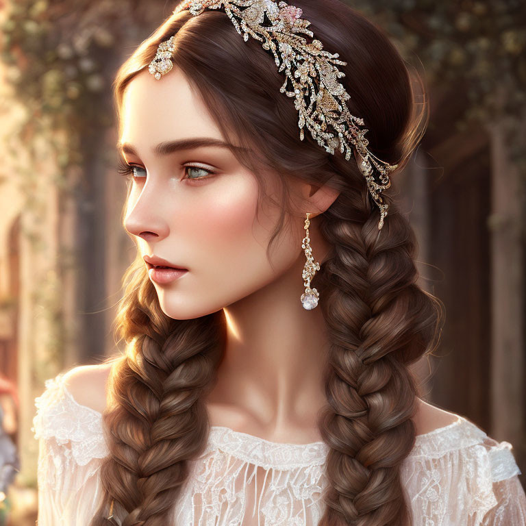 Braided hair with jeweled headpiece, teardrop earrings, lace dress.