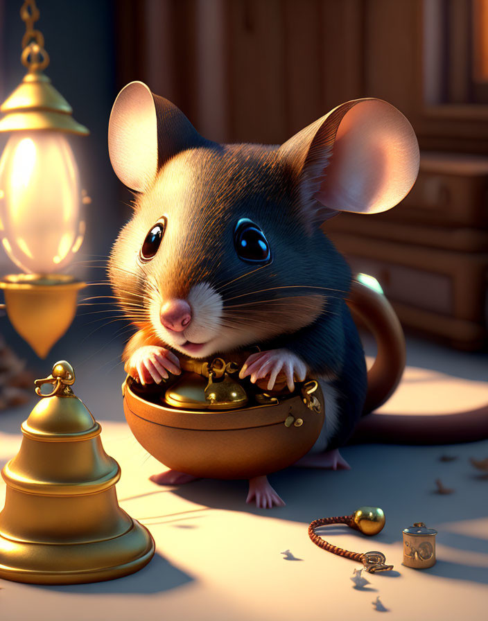 Animated mouse with bell, pocket watch, and desk bell under lantern light