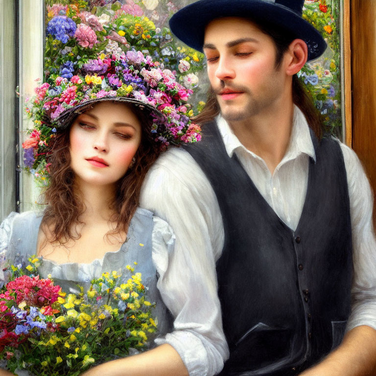 Young couple in romantic painting with woman in floral hat and man in beret.