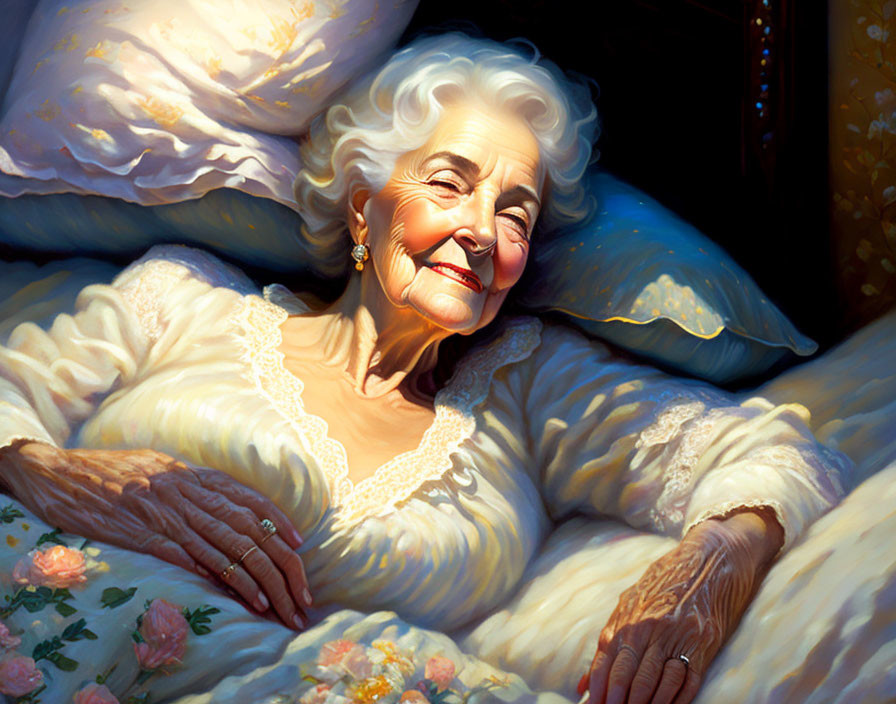 Elderly lady in cream nightgown smiles in bed with sunlight and pillows