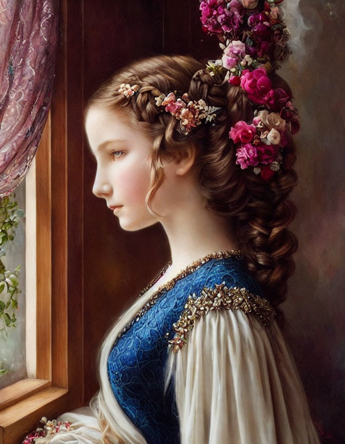 Young woman with flower-adorned braid in blue dress looking out window