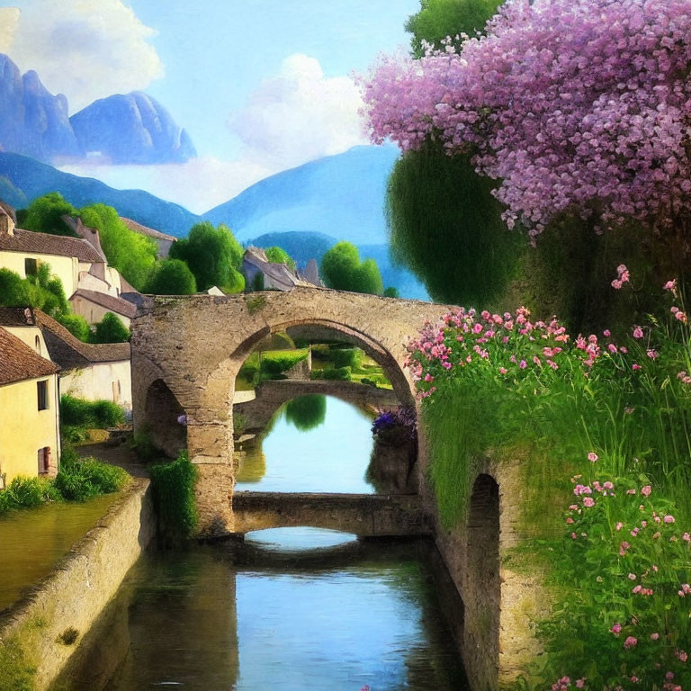 Tranquil river landscape with ancient stone bridge and blooming pink flowers