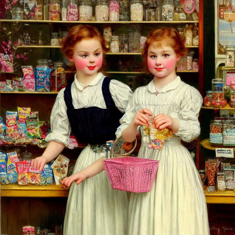 Two young girls in old-fashioned attire shopping for sweets in a candy store surrounded by colorful confections.