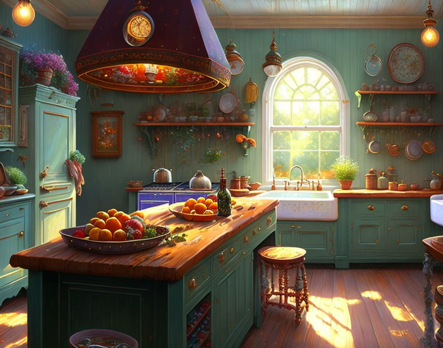 Sunlit Kitchen with Teal Cabinetry, Copper Pots, and Vintage Style