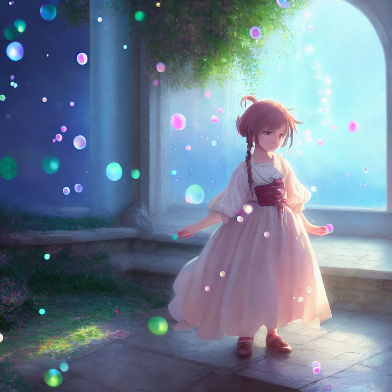 Vintage-dressed girl surrounded by colorful orbs in a serene garden scene