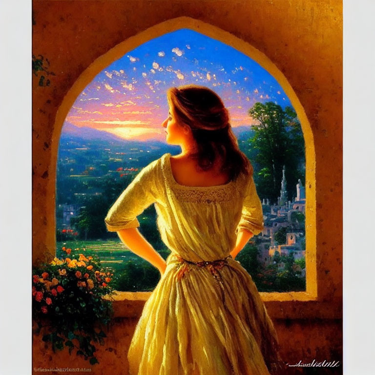 Woman in Yellow Dress Observing Sunset from Arched Window