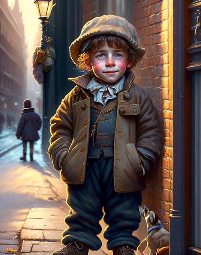 Young boy in vintage clothing on city street at dusk with figure walking away