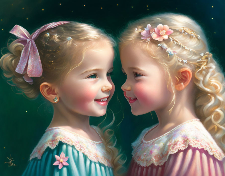 Two young girls with curly blonde hair in pastel dresses smiling.