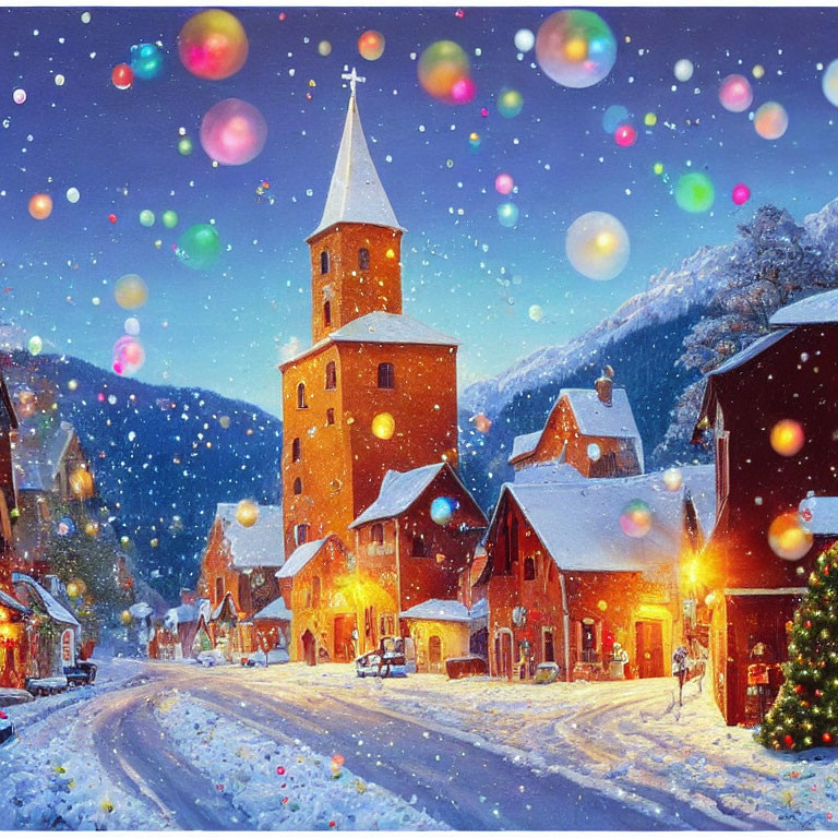 Winter village scene: snowfall, Christmas lights, church at dusk