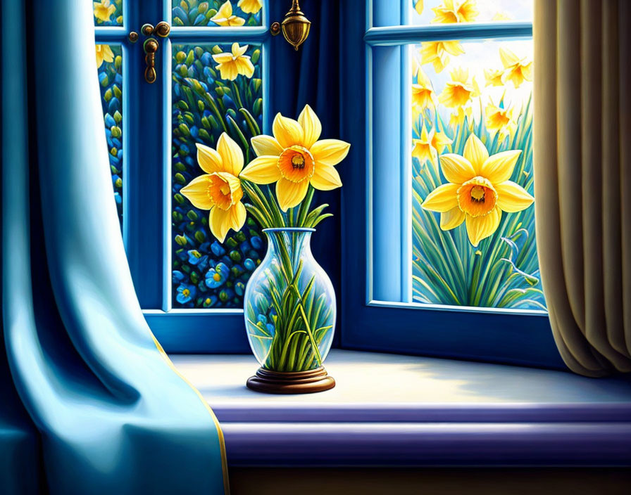 Colorful windowsill scene with daffodils, blue curtains, and sunny field view