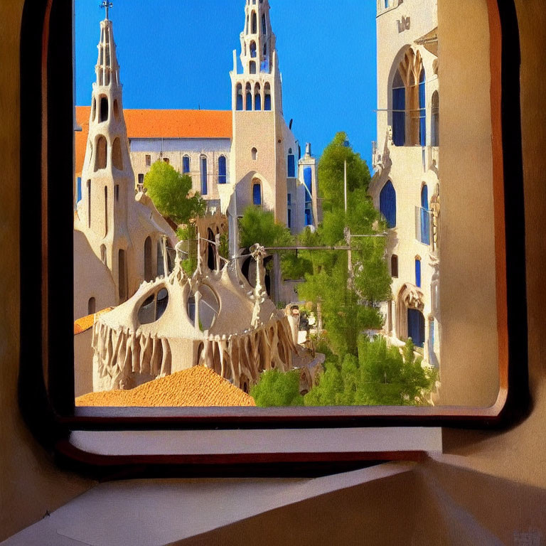 Architectural building with towers and arches framed against blue sky