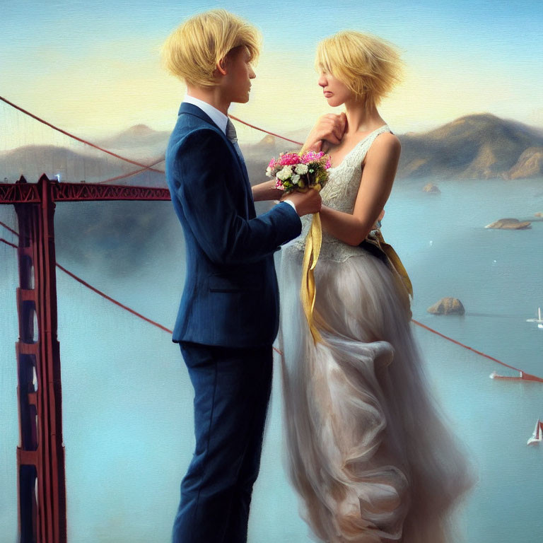 Formal couple near Golden Gate Bridge with bouquet gaze tenderly.