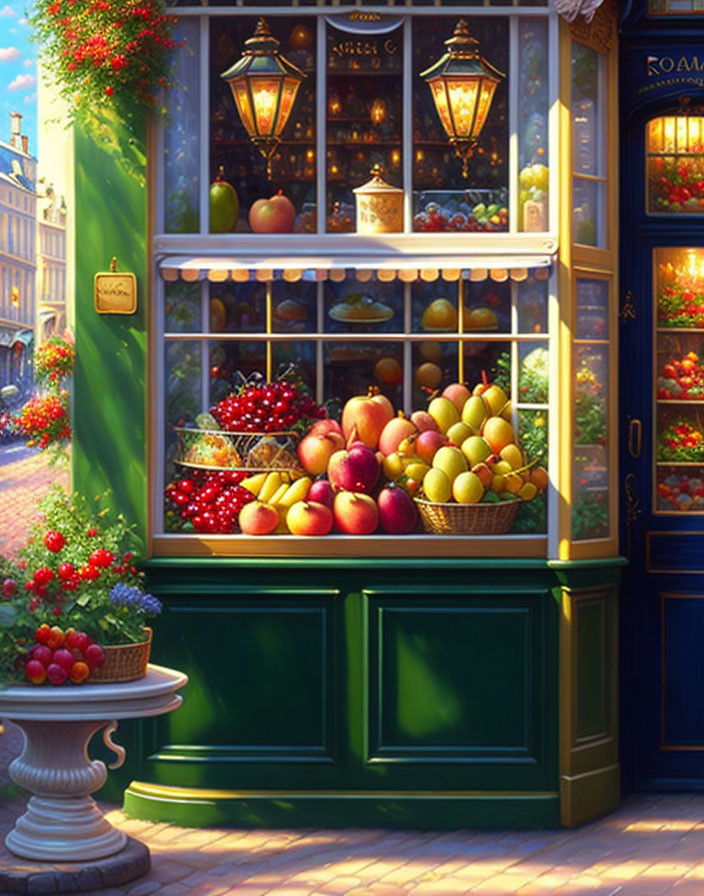 Colorful Fruit Shopfront Displayed Under Warm Lamplight