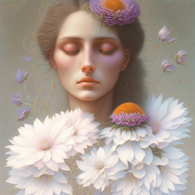 Woman portrait with blooming flowers in pastel colors