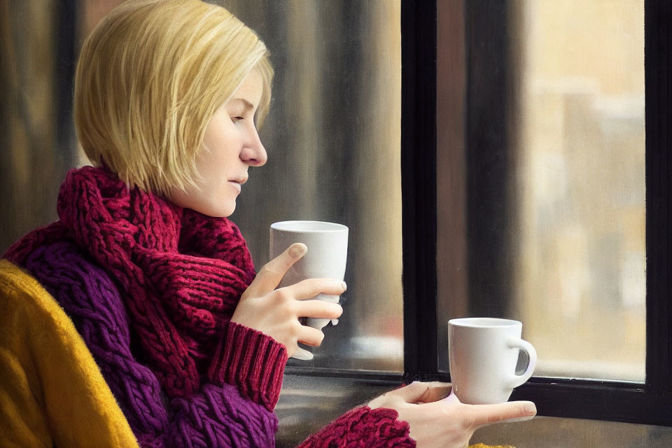 Blonde person in purple scarf with mug looking out rainy window