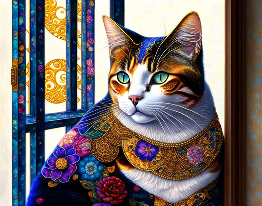 Vibrant Cat Artwork with Ornate Patterns on Stained-Glass Background