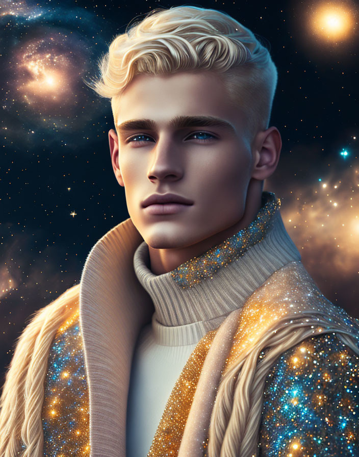 Blond Man Portrait in Sparkling Attire on Starry Space Background