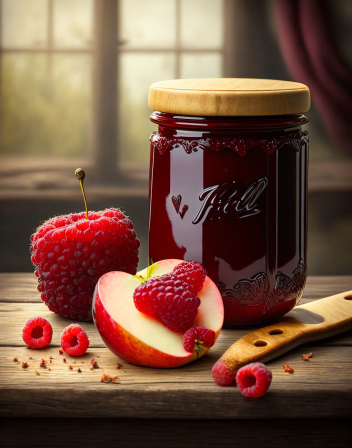 Jar of Fruit Jam with Decorative Label and Fresh Fruits on Rustic Table