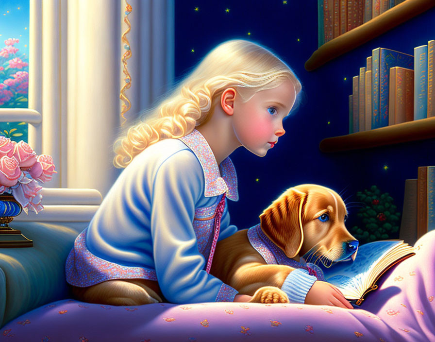 Blonde Girl and Dog by Window with Books and Roses