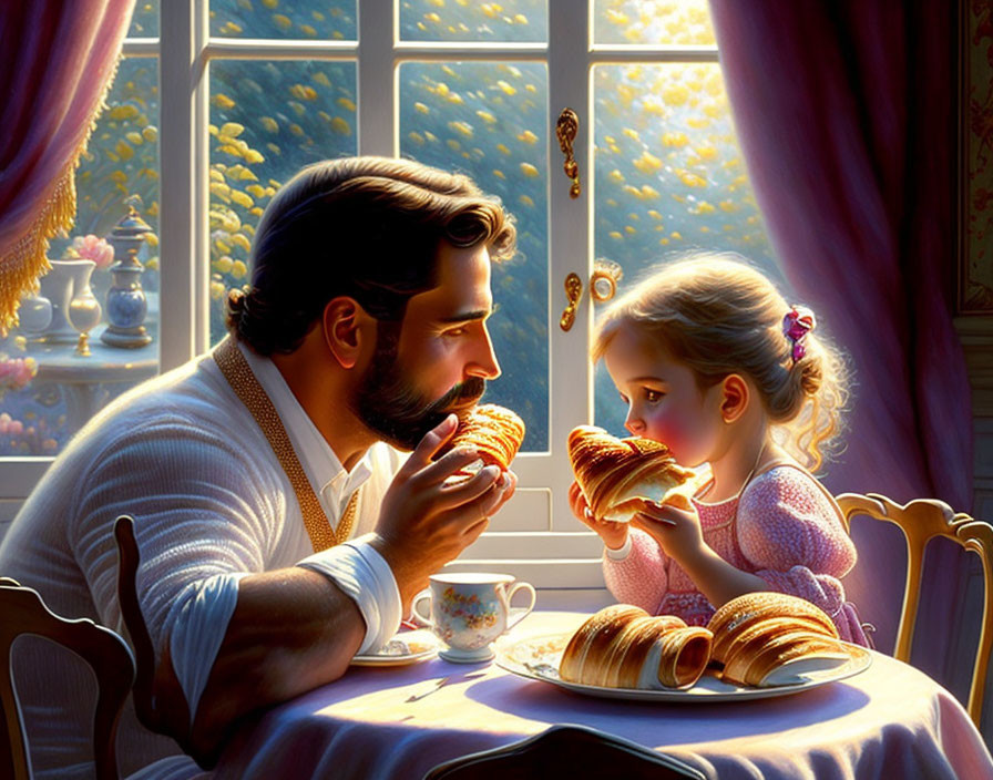 Man and young girl savor croissants by sunny window with garden view