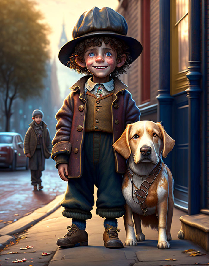 Vintage dressed boy with loyal dog on city sidewalk scene