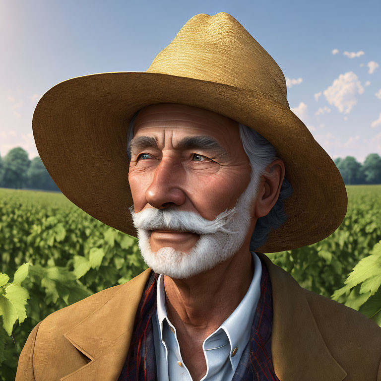 Elderly man with mustache in straw hat and brown jacket in 3D rendering