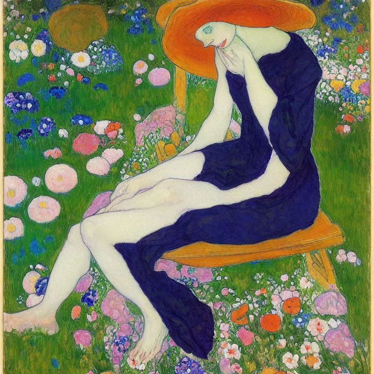 Red-haired woman in dark dress reclining in flower field