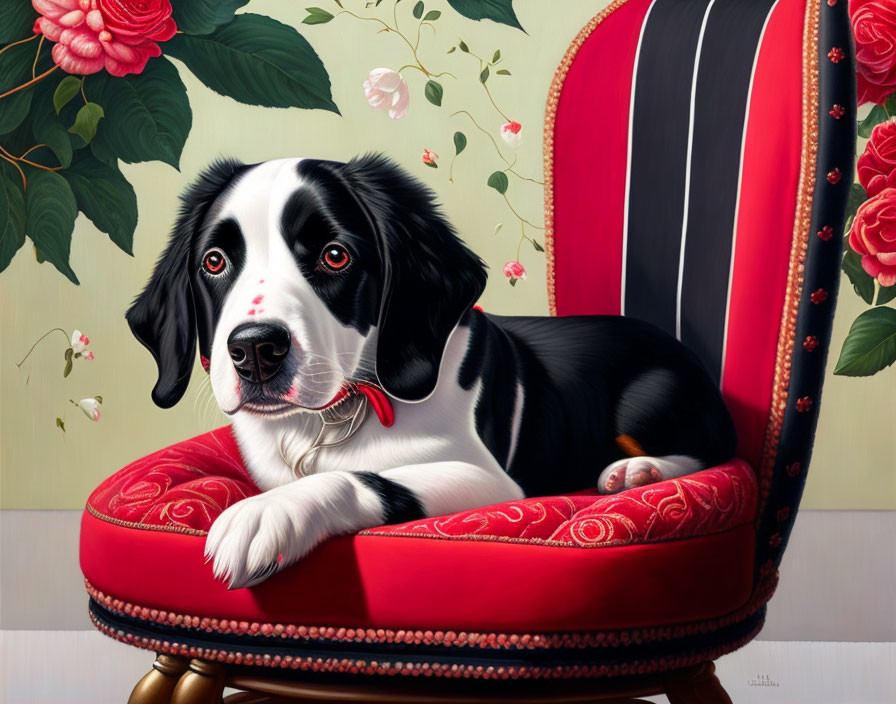 Black and White Dog with Red Collar on Striped Chair in Floral Setting