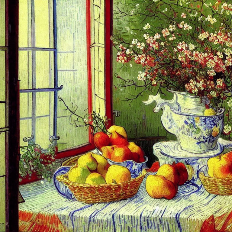 Colorful still life painting: yellow fruit baskets, white pitcher, blue cloth, and window view.