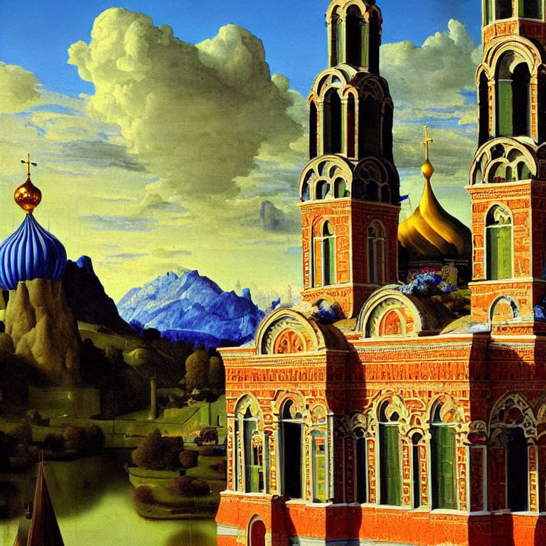 Russian-style architecture painting with ornate towers, blue sky, fluffy clouds, and distant mountains.