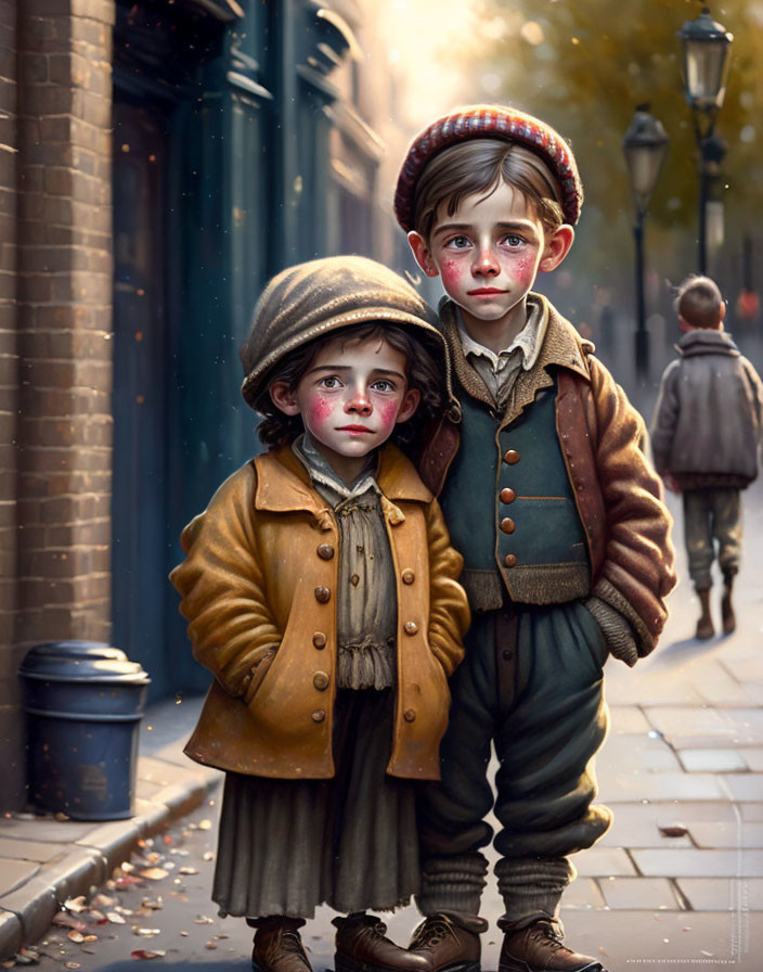 Vintage-dressed children on city street with autumn leaves.