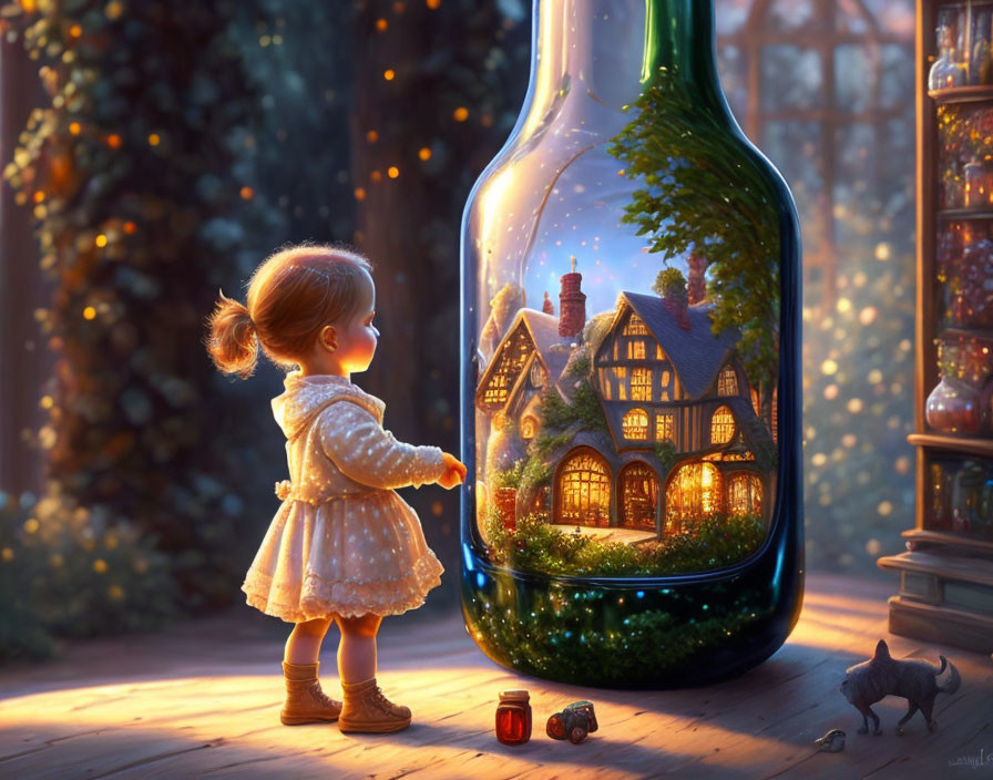 Child observing illuminated miniature house in bottle with cat in enchanted forest at dusk
