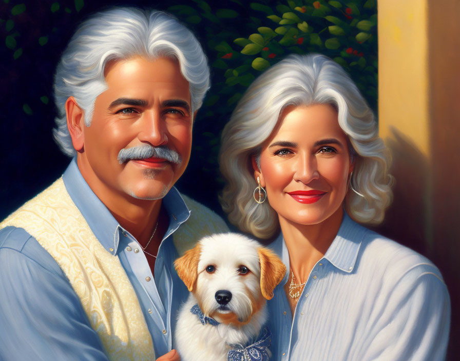 Elderly couple with silver hair and dog in illustrated portrait