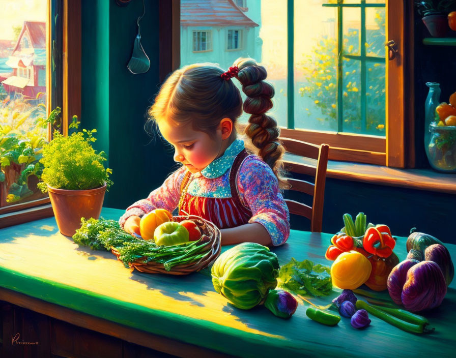 Young girl with braid admires fresh vegetables in sunny kitchen with countryside view