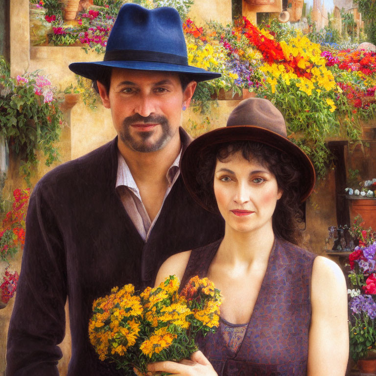 Man and woman in blue and brown hats with yellow flowers bouquet in front of colorful backdrop