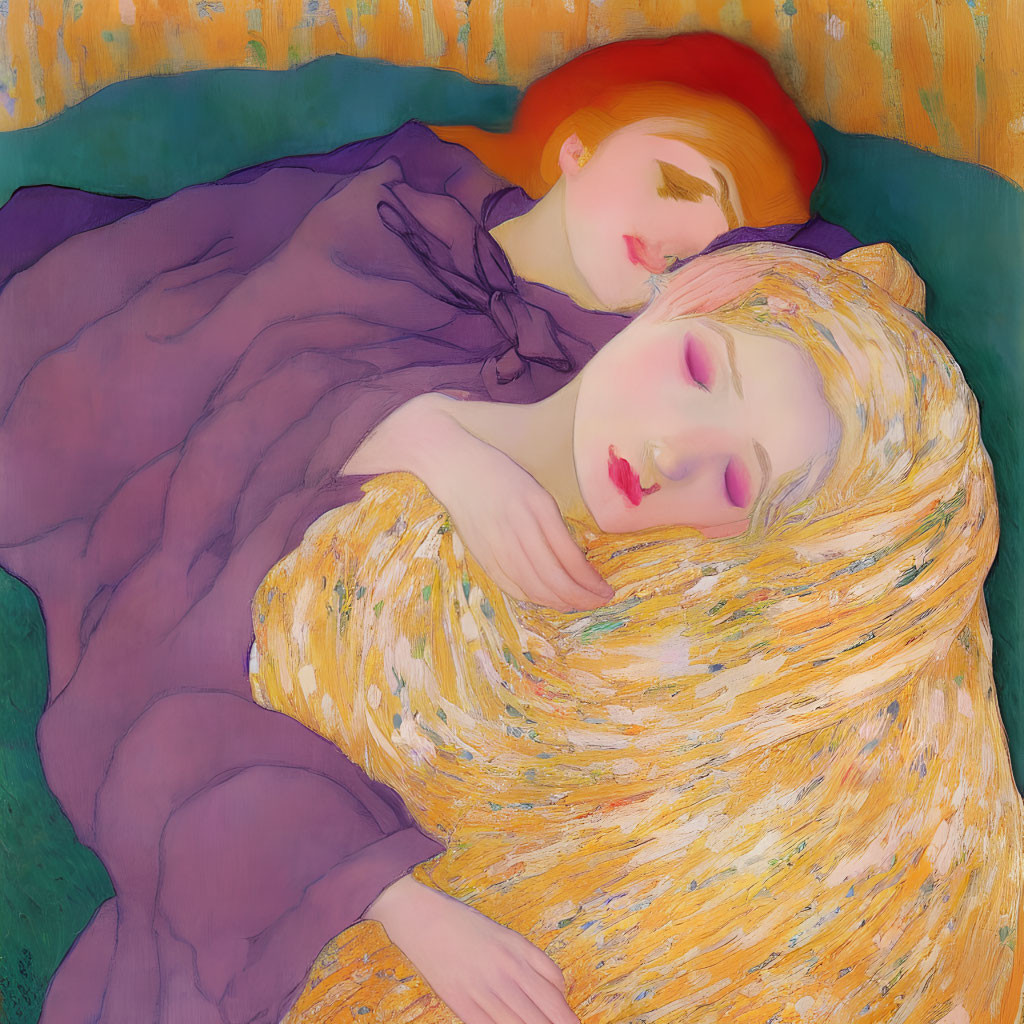 Two Women with Colorful Attire Lying Down in Serene Pose