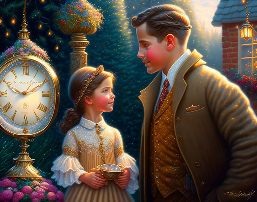 Vintage Attired Young Boy and Girl in Festive Setting with Grand Golden Clock