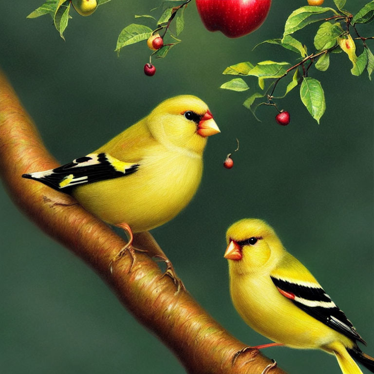 Vibrant yellow finches on branch with green leaves and red fruit